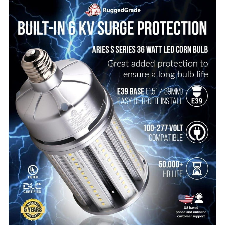 Standard E26 Base Replacement for 70 watt HID/HPS/Metal Halide or CFL High Efficiency 130 Lumen/watt 36 Watt LED Corn Light Bulb 4680 Lumens 4000K Aries S Series LED Corn Light Bulb Standard E26 Base Replacement for 70 watt HID/HPS/Metal Halide or CFL High Efficiency 130 Lumen/watt 36 Watt LED Corn Light Bulb 4680 Lumens 4000K Aries S Series LED Corn Light Bulb